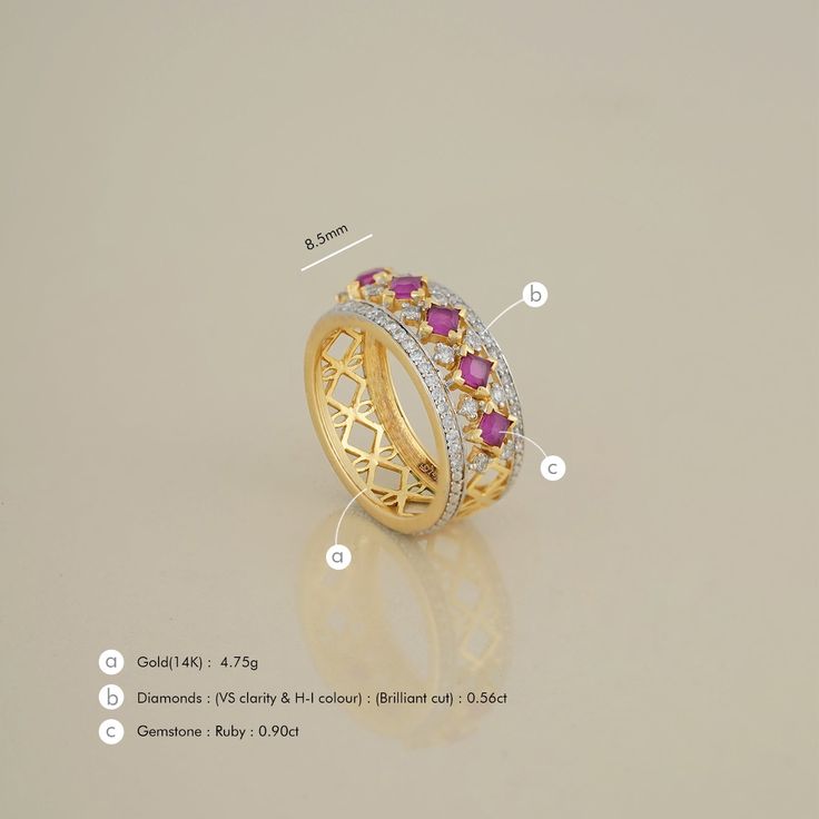 Gold(14K) : 4.75g Diamonds : (VS clarity & H-I colour) : (Brilliant cut ) : 0.56ct Gemstone : Ruby : 0.90ct Ruby Band Ring, Festival Necklace, Ruby Bands, Tanzanite Earrings, Princess Necklace, Ruby Earrings, Uncut Diamond, Emerald Earrings, Pearl Gemstone