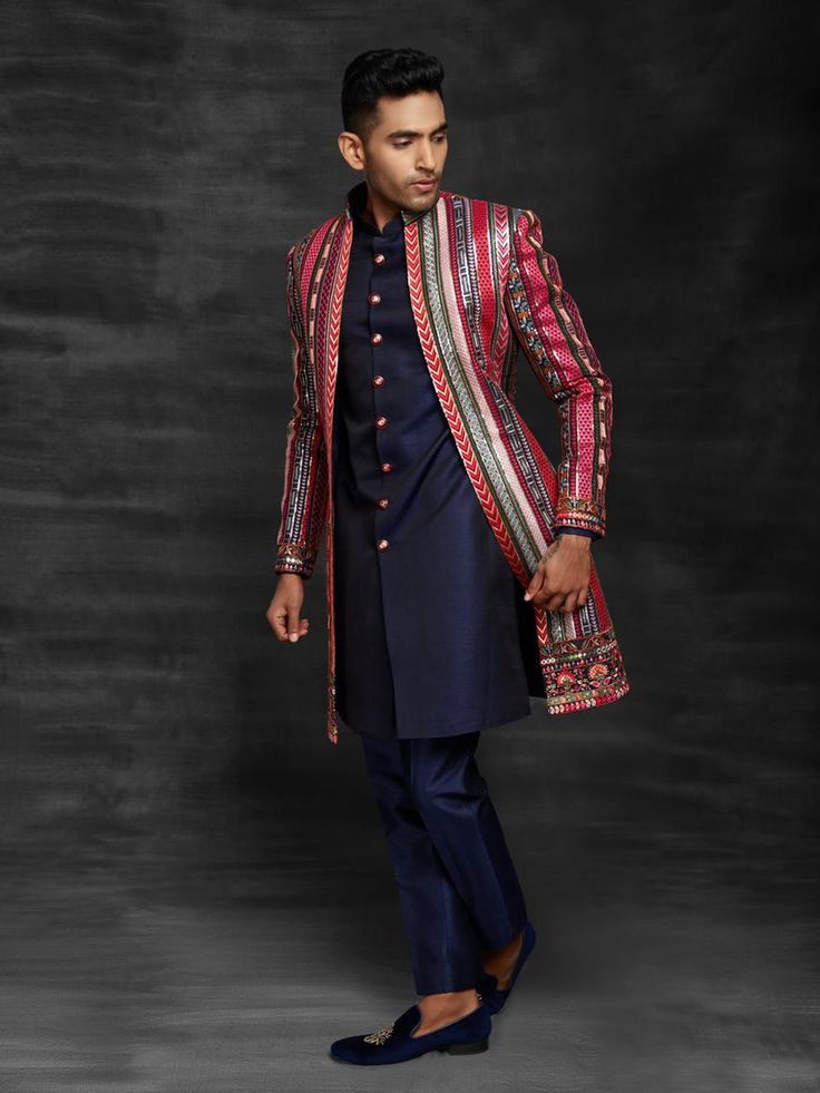 Open Jacket Sherwani, Sangeet Outfit For Men, Blue Jacket Style, Unique Mens Wedding Suits, Wedding Dress Indian, Indo Western Dress For Men, Indo Western For Men, Indowestern Sherwani, Blue Sofas