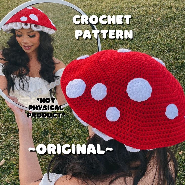 a woman wearing a red and white crochet mushroom hat