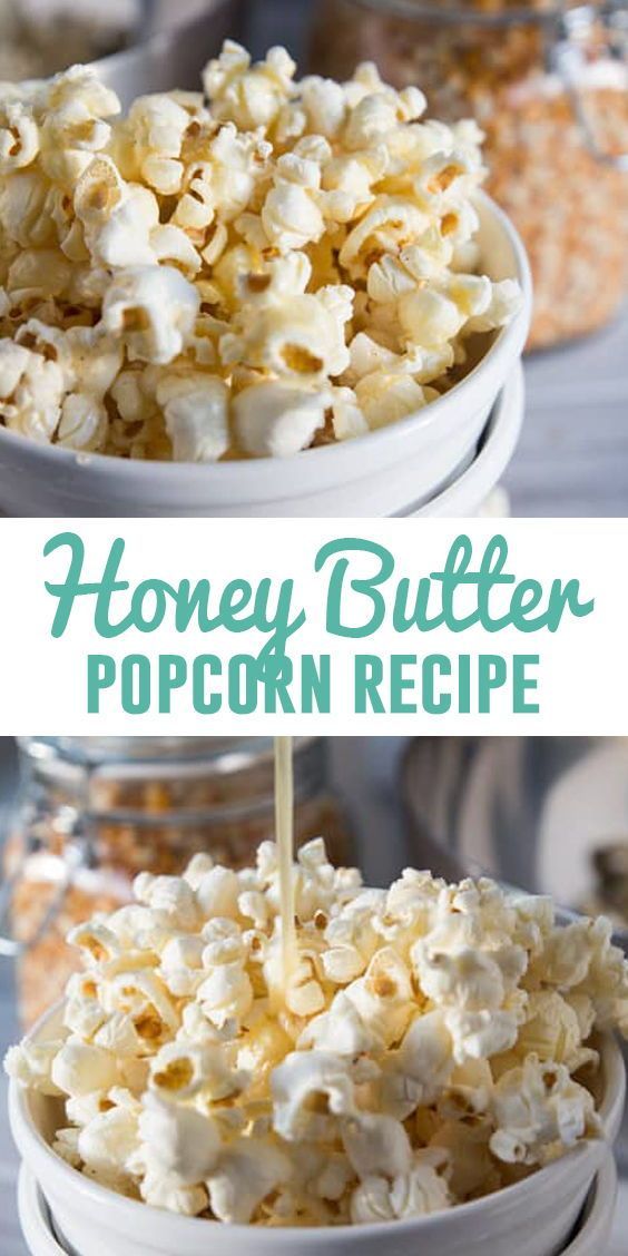 the process to make honey butter popcorn is shown in three different bowls, including one being drizzled with caramel