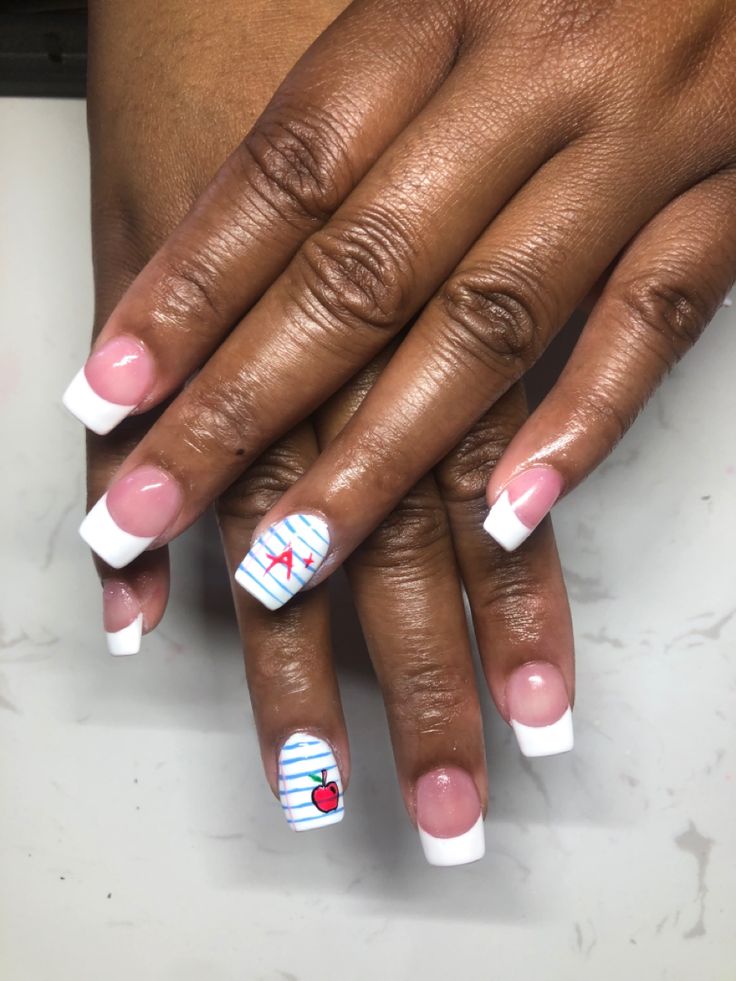 Preschool Teacher Nails Designs, Math Teacher Nails, Back To School French Tip Nails, School Inspired Nails, Crayon Nails Designs, School Theme Nails, Back To School Dip Nails, Teacher Nails Designs Back To School, School Themed Nails