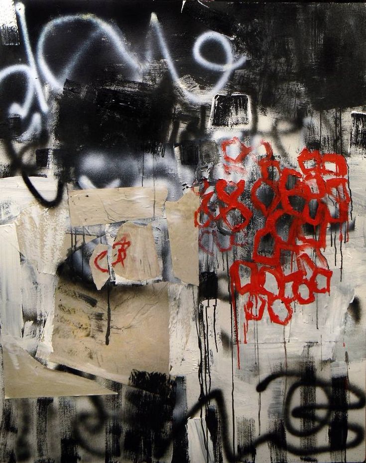 an abstract painting with black, white and red spray paint on the side of it