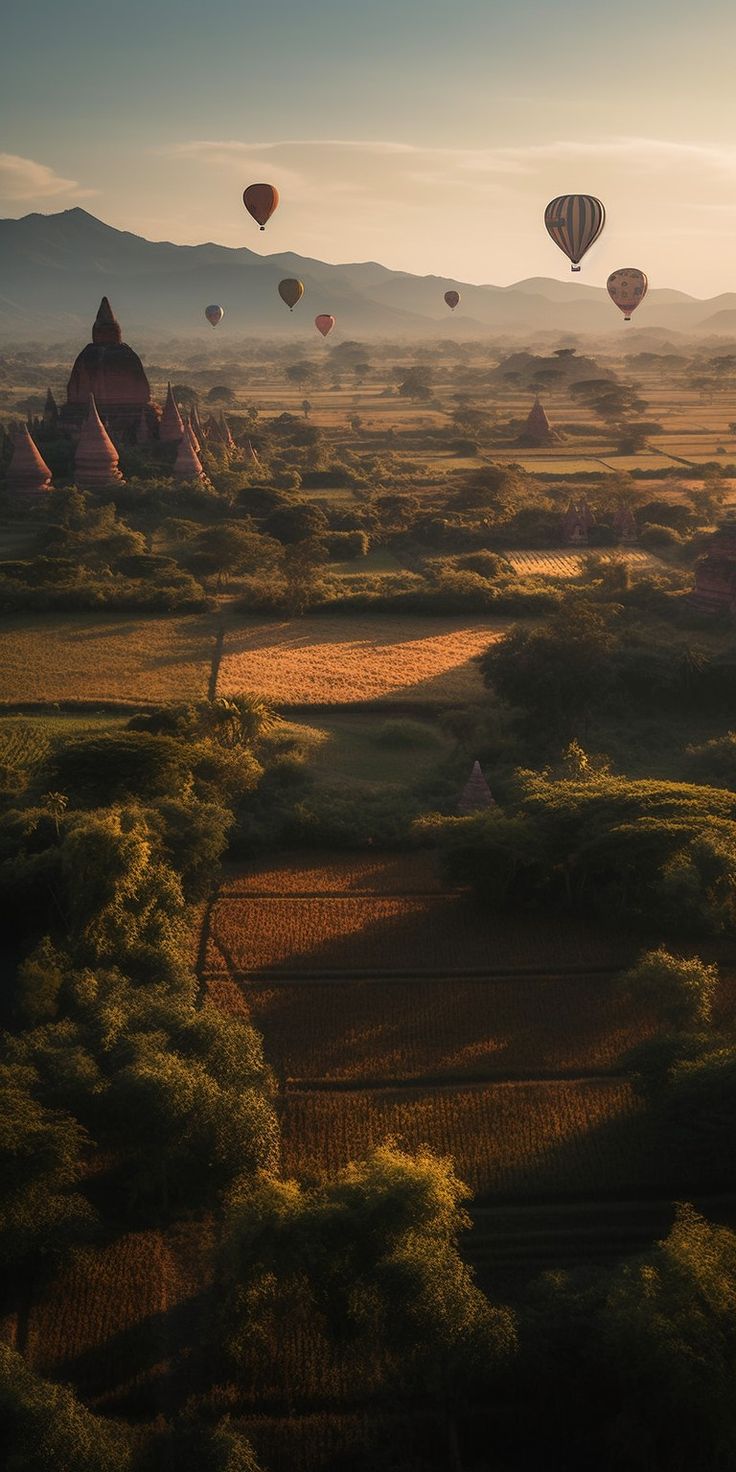 several hot air balloons flying in the sky above trees and fields with mountains in the background