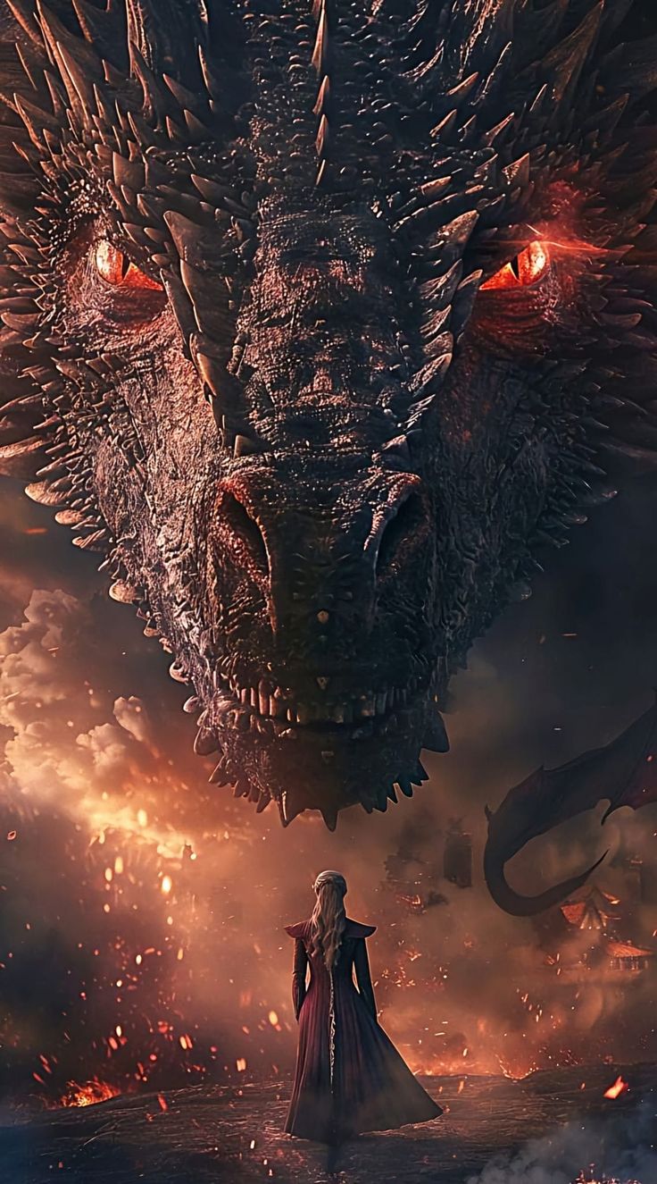 the poster for game of thrones shows a woman standing in front of a dragon