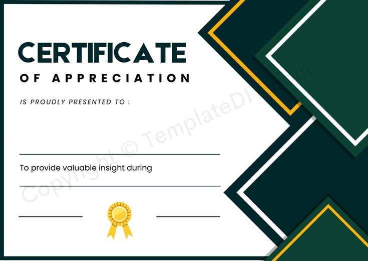 certificate of appreciation with green and gold geometric pattern on the front, blank for your own text or image