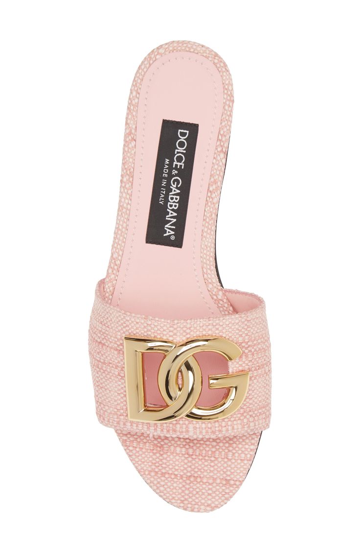 A bold, interlocking logo helps bridge the top strap of this overtly Italian slide sandal crafted from breezy raffia. Textile upper/leather lining and sole Made in Italy Designer Shoes Designer Sandals Aesthetic, Cute Summer Shoes Aesthetic, Pink Louis Vuitton Sandals, Designer Summer Slides With Buckle Closure, Luxury Open Toe Heels With Woven Sole, Luxury Pink Mules For Summer, Luxury Pink Summer Mules, Designer Open Toe Slides For Vacation, Luxury Heel Strap Sandals For Vacation