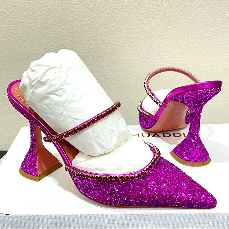 No Trades. Very Rare Find!!! Brand New In Original Box And Dust Bag. Heel 95mm/4” Color Fucsia See Pictures For Actual Shoes And Details. Luxury Sequined High Heels, Luxury Open Heel Party Heels, Luxury Glitter Heels For Summer, Sequin High Heels For Gala, Embellished Heels For Gala And Party Season, Sparkling Pointed Toe Heels For Cocktail, Sequin Pointed Toe Heels For Gala, Luxury Embellished Heels For Party Season, Luxury Sparkling Heels For Party