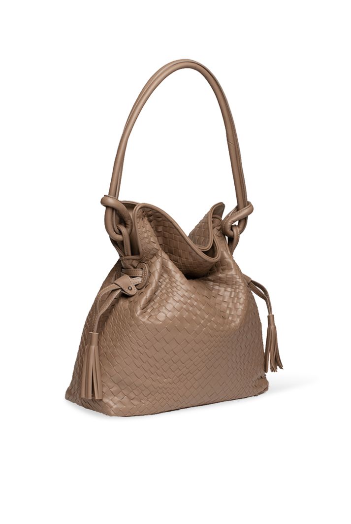 Hand-woven nappa leather bag with one leather handle. Features one side zip pocket and two side flat pockets. Made in Italy. DIMENSIONS Height: 26 cm / 10"Width: 31 cm / 12"Depth: 12 cm / 5" Elegant Brown Hobo Bag With Woven Leather, Elegant Woven Leather Hobo Tote Bag, Elegant Woven Leather Hobo Bag For Travel, Formal Woven Leather Bucket Bag, Leather Bag With Intrecciato Weave And Top Handle, Leather Handheld Shoulder Bag With Intrecciato Weave, Handheld Leather Shoulder Bag With Intrecciato Weave, Elegant Woven Leather Hobo Bag For Daily Use, Elegant Brown Bucket Bag With Intrecciato Weave