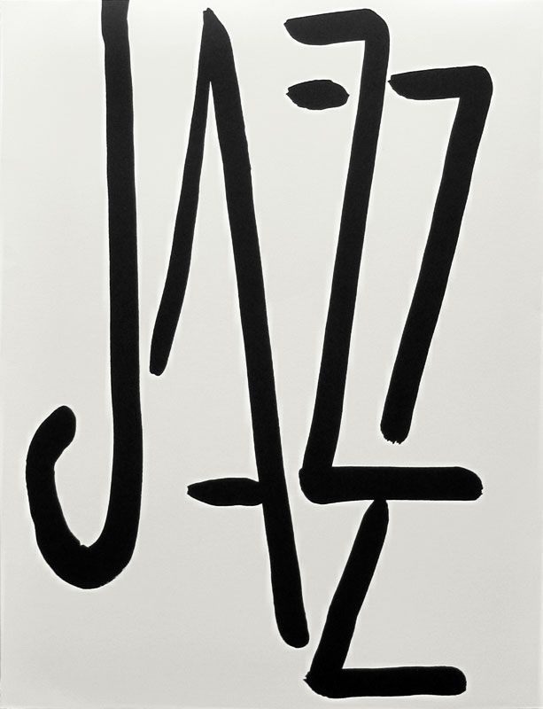 a black and white painting with the word jazz written in cursive writing on it