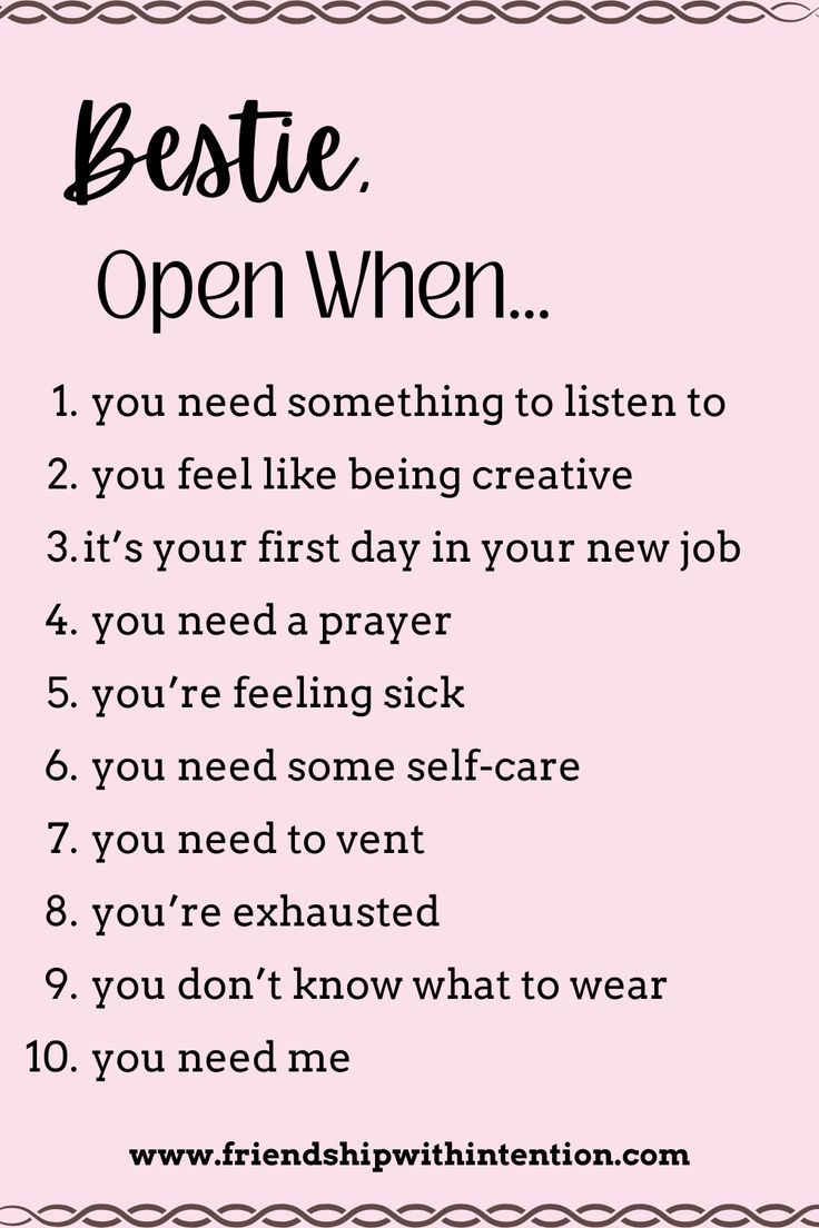 pink background with the words: 
Bestie, Open When… 
you need something to listen to
 you feel like being creative
it’s your first day in your new job
 you need a prayer
 you’re feeling sick.
 you need some self-care
 you need to vent
 you’re exhausted
 you don’t know what to wear
 you need me Open Me When Letters Ideas Best Friends, Open When Letters For Best Friend What To Put In, What To Put In Open When Letters For Bff, Open When Letters For Best Friend Topics, Open This When Letters, Open When Letters For Best Friend, Open When You Want To Reminisce, Inside Open When Letters, Open When Youve Had A Great Day Letter