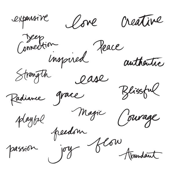 the words written in cursive writing are black and white, with different font styles