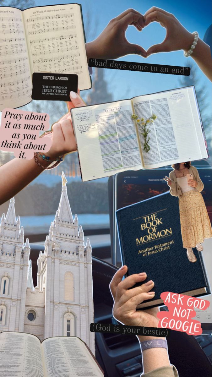 collage of hands holding open books in front of a church with the words, pray thou your heart to think about it