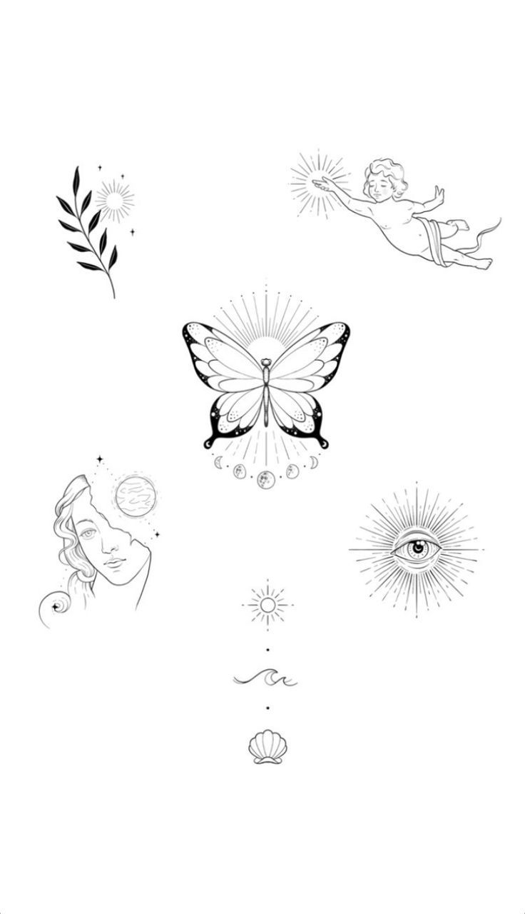 a black and white drawing of a butterfly with many different things in it's wings