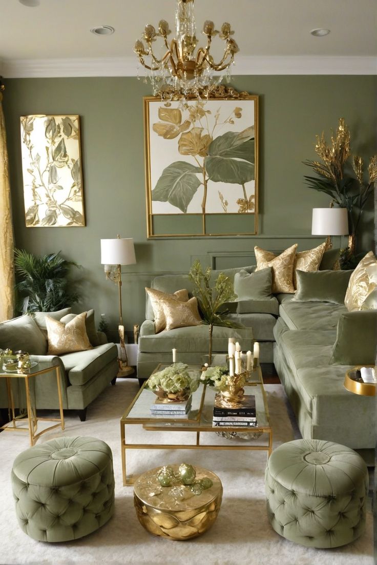 a living room filled with green couches and gold accents on top of a white rug