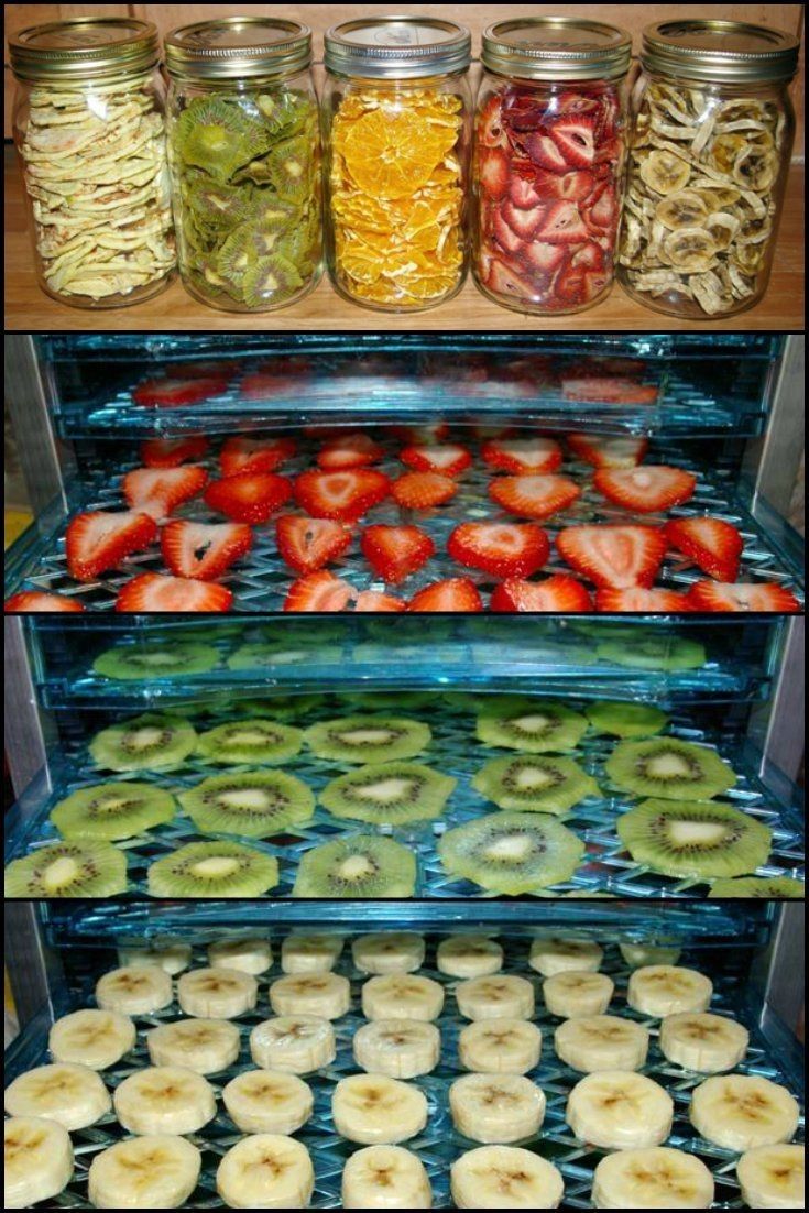 three shelves filled with different types of fruit and veggies in mason jars next to each other