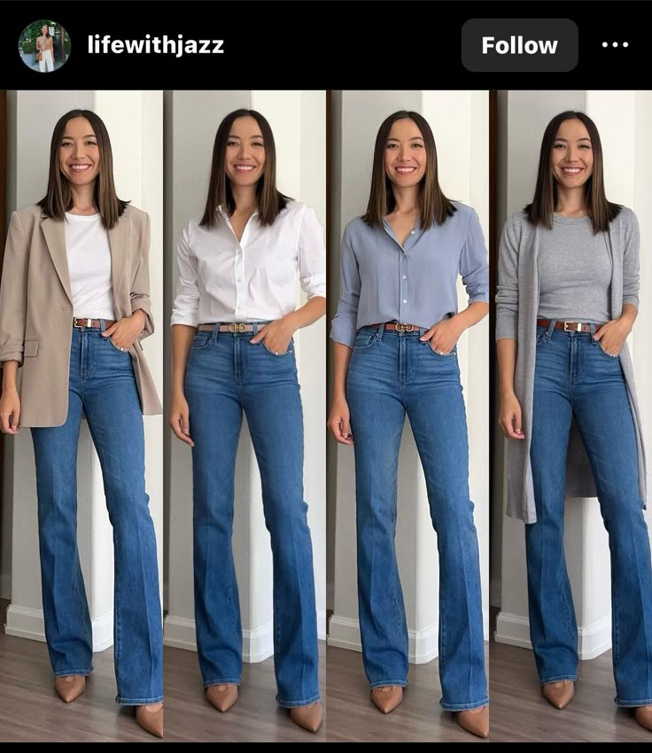 Casual Business Jeans Outfit, Jeans For Office Outfit, Smart Casual Jeans Outfit Women, Jeans For The Office, Ways To Style Jeans, How To Wear Jeans To Work, Smart Casual Work Outfit Women, Styling Jeans, Flare Jeans Outfit