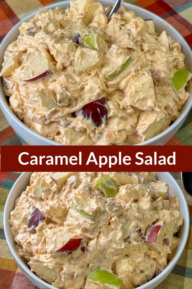 two bowls filled with apple salad on top of a checkered tablecloth covered table