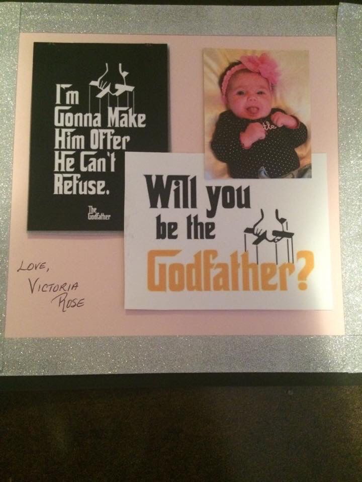 there is a card with an image of a baby on it and the words will you be the godfatter?