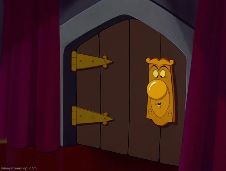 a cartoon character peeking out from behind a wooden door