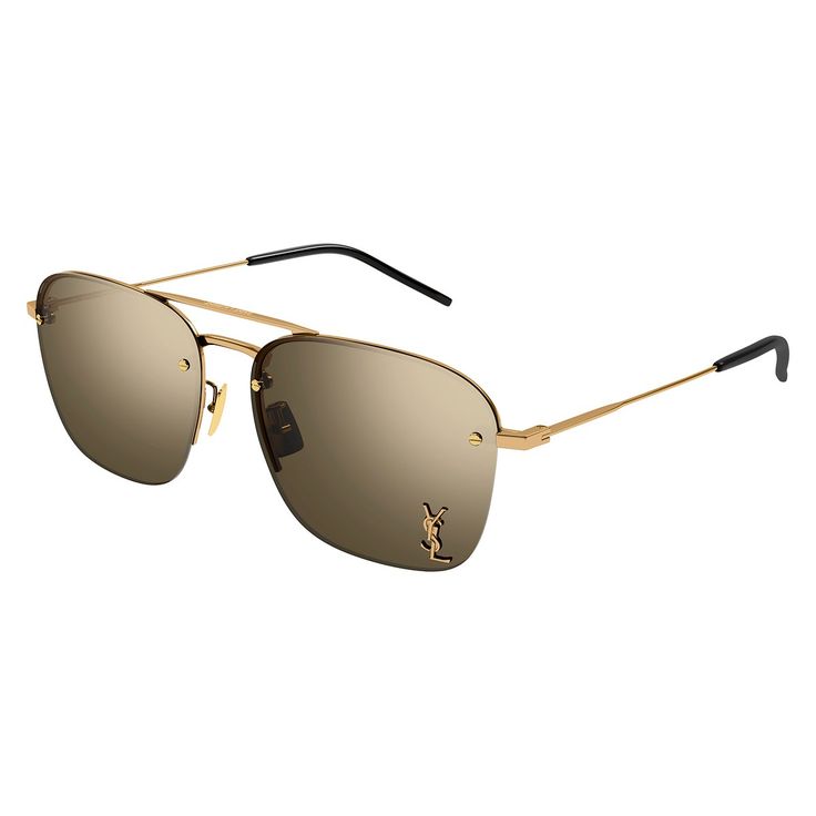 Introducing the Saint Laurent SL309M 004 Bronze/Brown Flash 57mm sunglasses, a must-have accessory for the stylish fashionistas out there. These aviator-style sunglasses are the perfect blend of luxury and sophistication, making them a standout piece in any wardrobe. The frame color of these sunglasses is a stunning bronze shade that adds a touch of glamour to any look. Paired with the brown flash lens color, these sunglasses exude a sense of elegance and luxury. The 57mm lens socket width provides ample coverage and protection from the sun, while the metal frame material ensures durability and longevity. Designed specifically for women, these Saint Laurent sunglasses feature a sleek and feminine silhouette that complements a variety of face shapes. The 145mm temple length and 15mm bridge Sun Glass, Stylish Eyeglasses, Saint Laurent Sunglasses, Aviator Style, Rive Gauche, Color Lenses, Face Shapes, Caravan, Women Brands