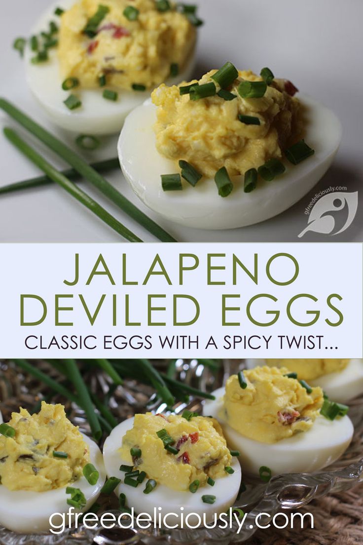 an image of deviled eggs with chives on them and text overlay that reads jalapeno deviled eggs