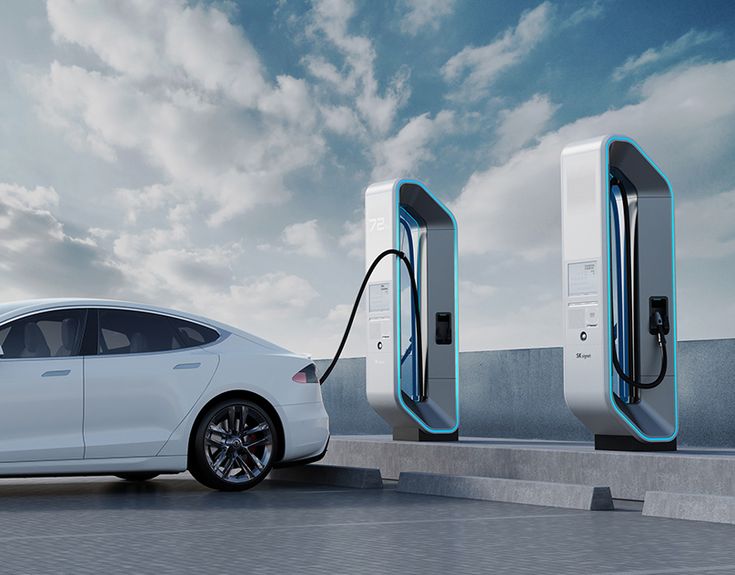 an electric car plugged in to a charging station with sky and clouds behind it