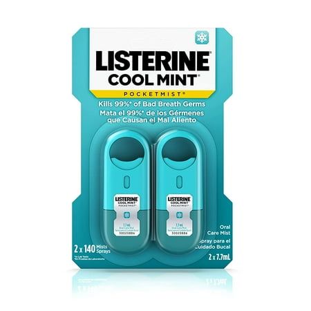 Refresh your bad breath anytime, anywhere with Listerine Pocketmist Cool Mint Oral Care Fresh Breath Mist. This minty mouth spray kills 99% of germs that cause bad breath* for a clean, fresh breath feeling in your mouth. The breath refresher spray is small enough to fit on your keychain, or in your bag or pocket, so you can get fresh breath no matter where you go. The sugar-free formula is in a nonaerosol oral spray bottle and comes in a refreshing Cool Mint flavor. *In laboratory tests. Size: 7.7mL 2-count.  Color: Black. Listerine Cool Mint, Mouth Spray, Breath Spray, Bad Breath Remedy, Hygiene Routine, Oral Health Care, Mouthwash, Oral Hygiene, Oral Health