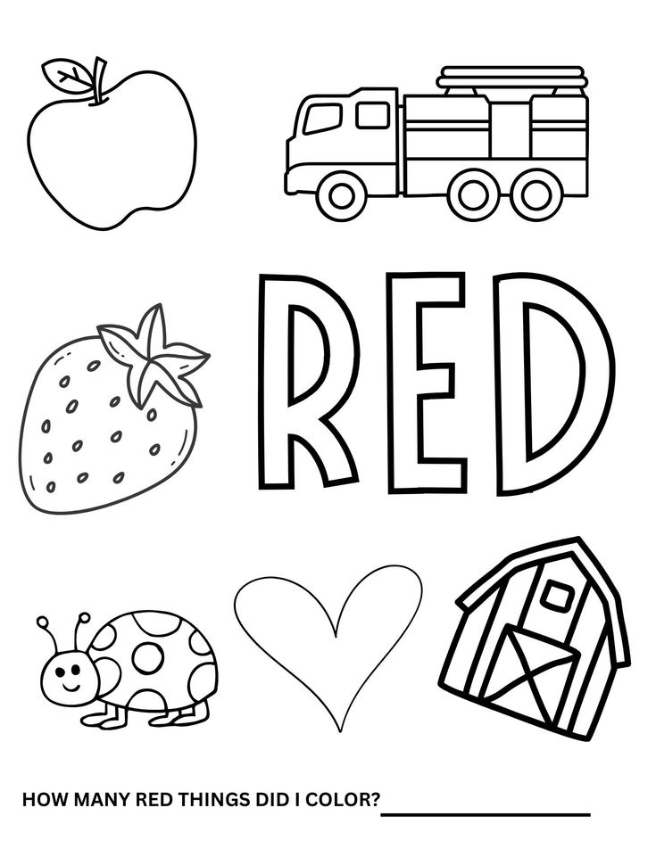 the word red is shown in black and white with pictures of animals, fruits, and other