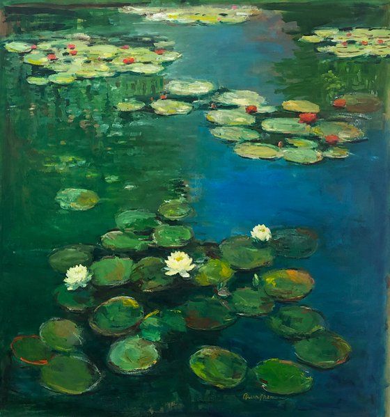 a painting of water lilies in the pond