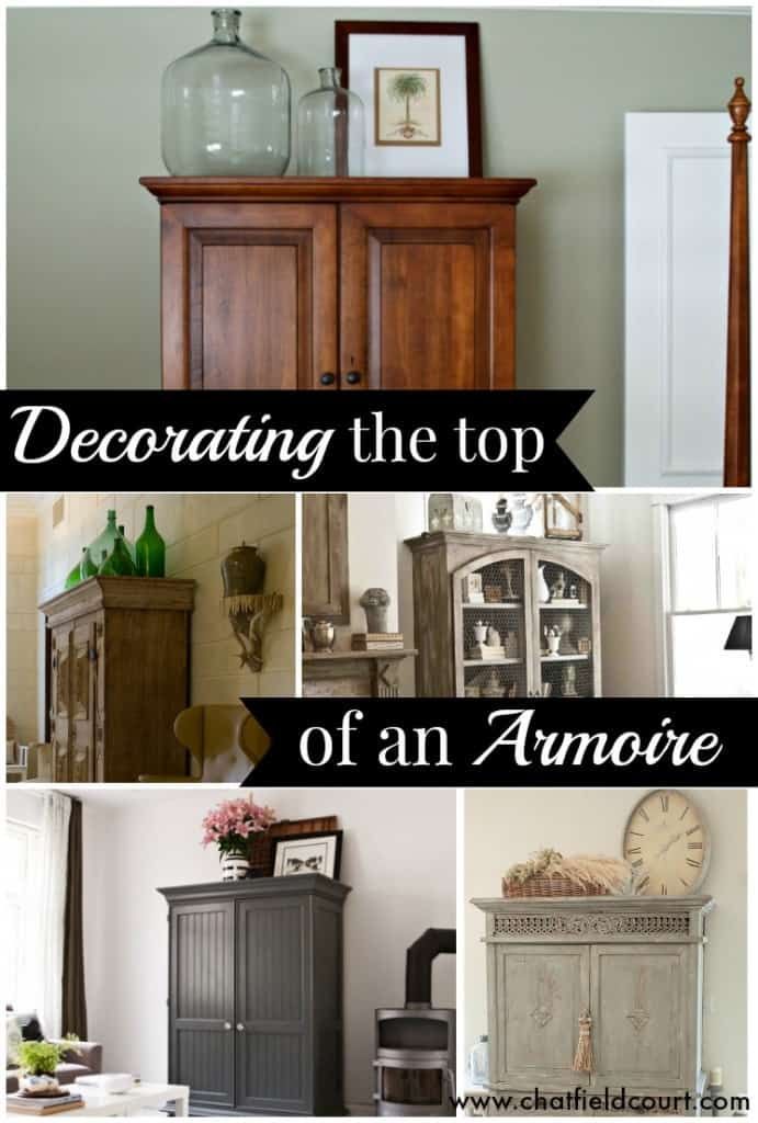 a collage of photos with the words decorating the top of an antique cabinet