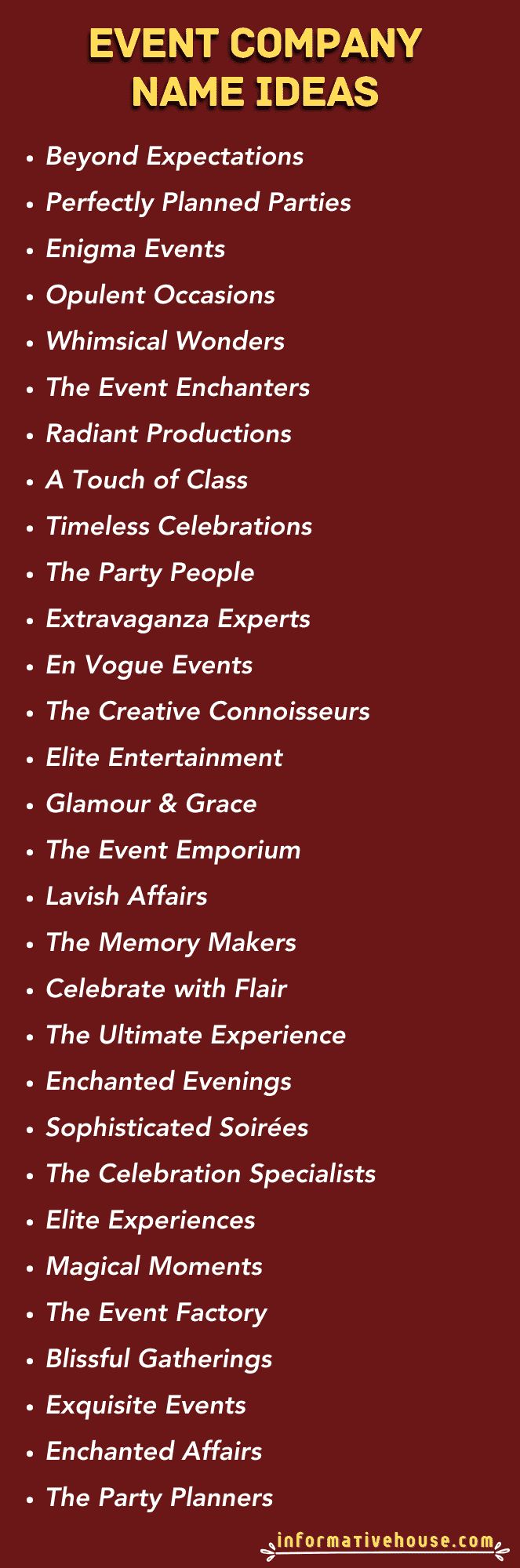 499+ The Most Unique Event Company Names Ideas! Unique Event Company Names Ideas, Names For Event Planning Business, Event Organizer Name Ideas, Event Management Names Ideas, Event Planning Business Names Ideas, Event Planner Names Ideas, Event Company Names Ideas, Event Name Ideas, Party Names Ideas