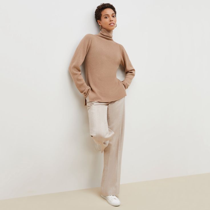 This cozy funnel-neck sweater is knitted using our softest cashmere. It’s casual enough to wear with your favorite jeans but polished enough for more elevated occasions. Workwear Fine Knit Funnel Neck Sweater, High Neck Cashmere Sweater, Fine Knit Funnel Neck Sweater For Work, High Neck Cashmere Sweater For Fall, High Neck Cashmere Sweater In Fine Knit, Classic Soft Knit Turtleneck For Fall, Classic Fall Soft Knit Turtleneck, Fall Funnel Neck Fine Knit Sweater, Fall Fine Knit Sweater With Funnel Neck