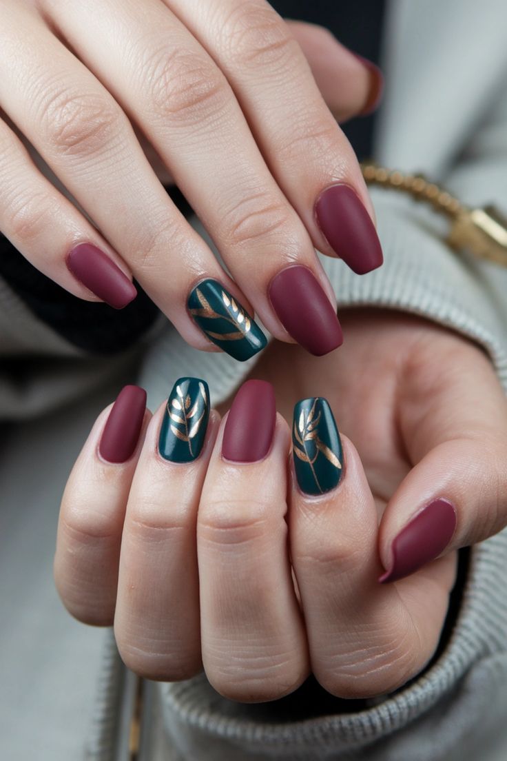 Dive into these stunning fall nail ideas featuring a chic Squoval shape, perfect for showcasing rich hues like burnt orange and deep burgundy. This nail style blends elegance with a touch of flirtation, making it a versatile choice for any autumn occasion. Whether you窶决e sipping cider or attending festive gatherings, these Squoval nails will make you stand out. Get inspired and elevate your seasonal look! #FallNailIdeas #SquovalNails #AutumnNails #NailArt Olive Green And Burgundy Nails, Maroon And Teal Nails, Squoval Nails Ideas, Fall Jewel Tone Nails, Teal And Burgundy Nails, Teal Autumn Nails, Autumn Nails Squoval, Teal Fall Nails, Sns Nails Colors