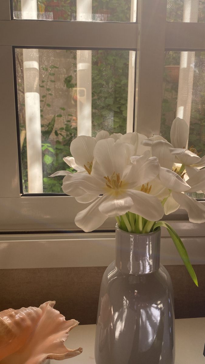 white flowers in a gray vase next to a seashell