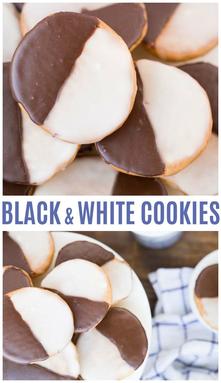 chocolate and white cookies are stacked on top of each other with the words black and white cookies above them