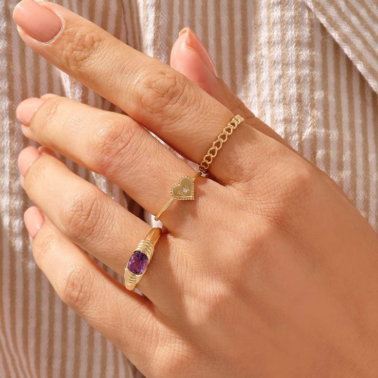 Discover this extraordinary Majestic Amethyst Ring for its magnificent design and it will be the ultimate symbol of your spiritual wisdom. - Made in 14k solid gold - Decorated with handset lab grown amethyst stone on 14k solid gold - Bottom Width: 1.54 mm / 0.06 inches- Top Width: 5.57 mm / 0.21 inches- Thickness: 1.38 mm / 0.05 inches -This product comes with iconic Norm Jewels gift box Heart Infinity Ring, Royal Rings, Gold Heart Ring, Gold Rings Stackable, Gold Gemstone Ring, Gold Top, Domed Ring, February Birth Stone, Rings For Her