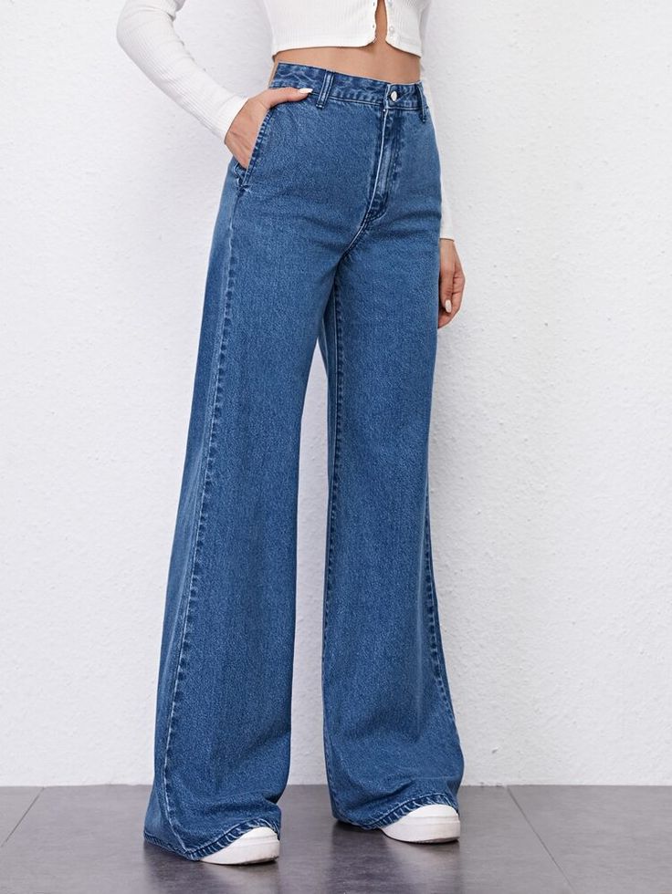 Free Returns ✓ Free Shipping On Orders $49+ ✓. High Waist Palazzo Pants- Jeans at SHEIN. Best Jeans For Women, Trendy Jeans, Moda Jeans, Hijabi Outfits Casual, Cute Pants, High Waisted Jeans, Waist Jeans, Best Jeans, Jeans Boyfriend