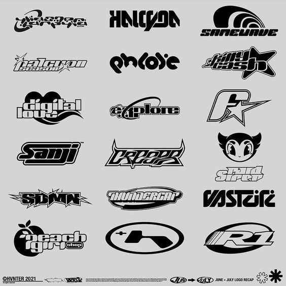 various logos and emblems are shown in black and white, including the word's name