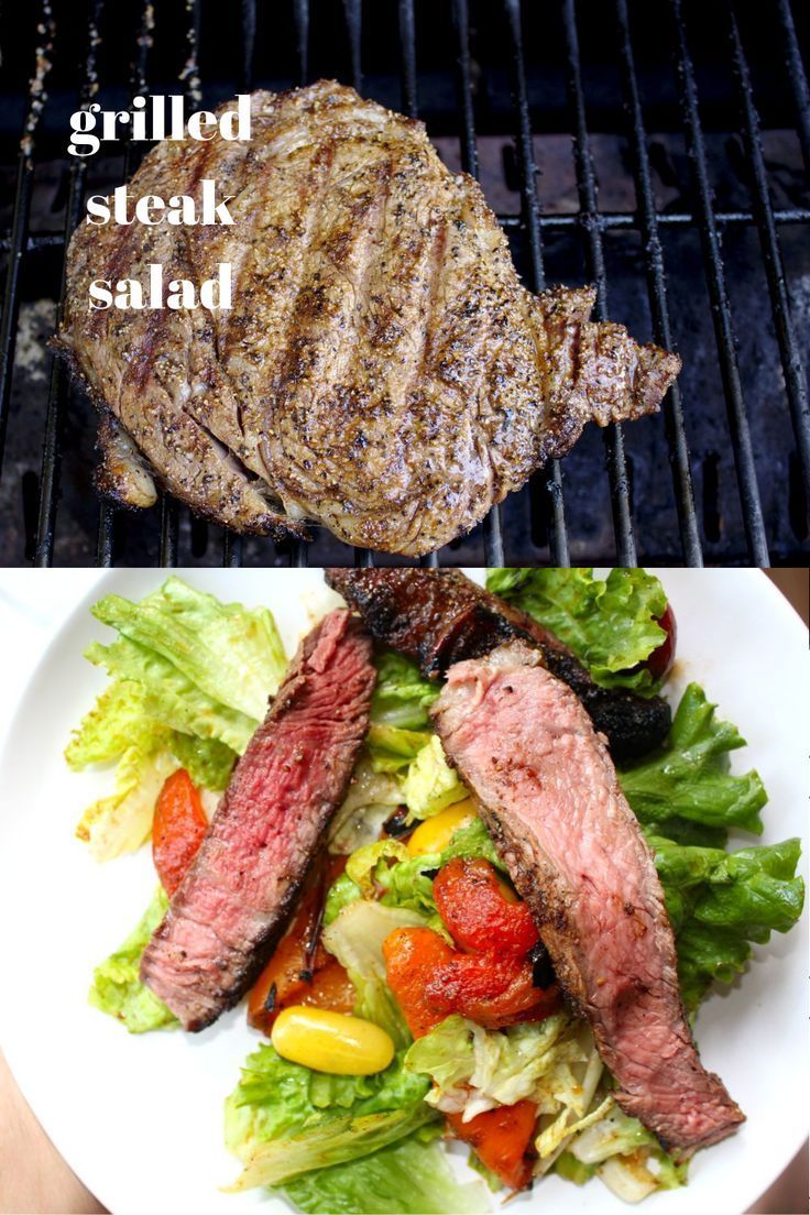 grilled steak and salad on a plate with text overlay that reads grilled steak salad