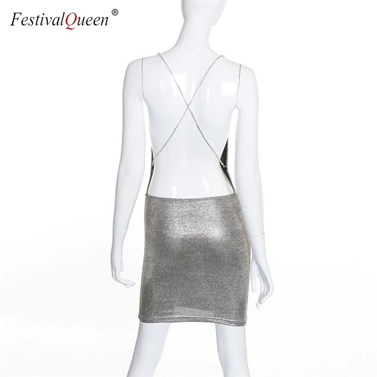 FREE SHIPPING women sexy metal silver mini dress summer back across chain backless nightclub party shiny bodycon slim dresses JKP2036 Metallic Summer Bodycon Dress For Evening, Silver Summer Club Dresses, Silver Club Dress For Summer, Summer Silver Bodycon Club Dress, Metallic Backless Mini Dress For Party Season, Silver Bodycon Dress For Summer Club, Silver Backless Mini Dress For Party, Sleeveless Silver Bodycon Dress, Silver Bodycon Dress For Summer Party