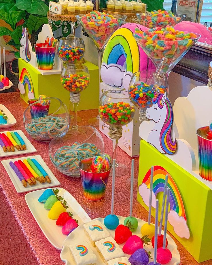 a table topped with lots of candy and desserts