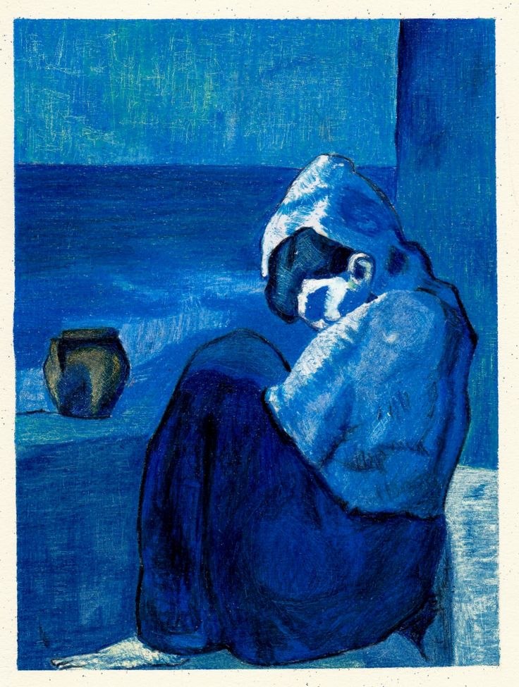 a drawing of a person sitting in front of a blue wall and looking at something