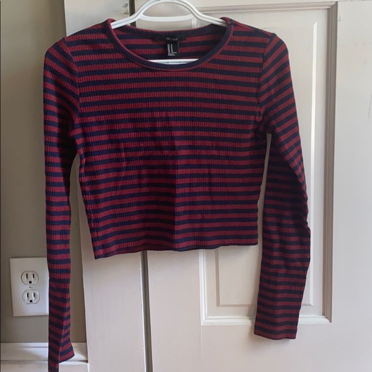 Striped Forever21 Long Sleeve Shirt. Red And Navy Blue. Never Worn. Trendy Fitted Red Shirt, Casual Red Tops From Forever 21, Forever 21 Red Tops For Fall, Trendy Burgundy Cotton Tops, Casual Red Forever 21 Tops, Forever 21 Red Fall Tops, Trendy Red Forever 21 Crop Top, Fitted Red Forever 21 Top, Red Forever 21 Crew Neck Top