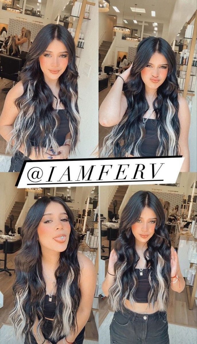 Black Hair With Peekaboo Highlights, Hair With Blonde Front Pieces, Blonde Front Pieces, Black Hair With Blonde, Ash Blonde Hair Balayage, Hair Stules, Front Pieces, Chunky Highlights, Hair Tint