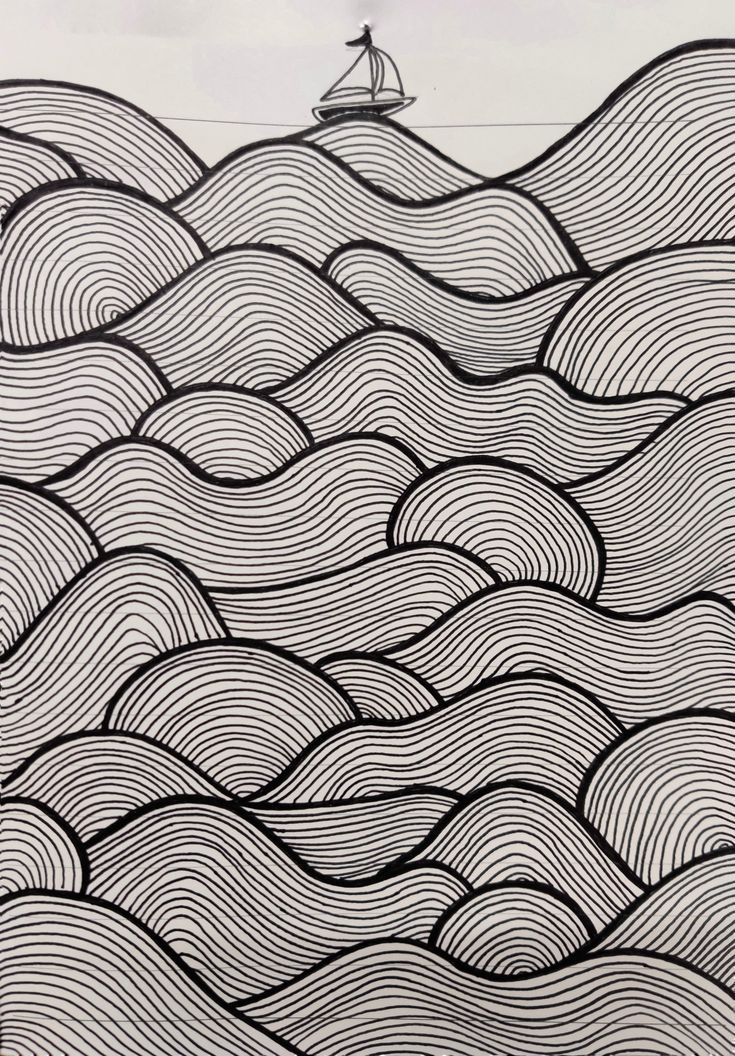 a drawing of waves and a boat in the distance with an overcast sky behind it