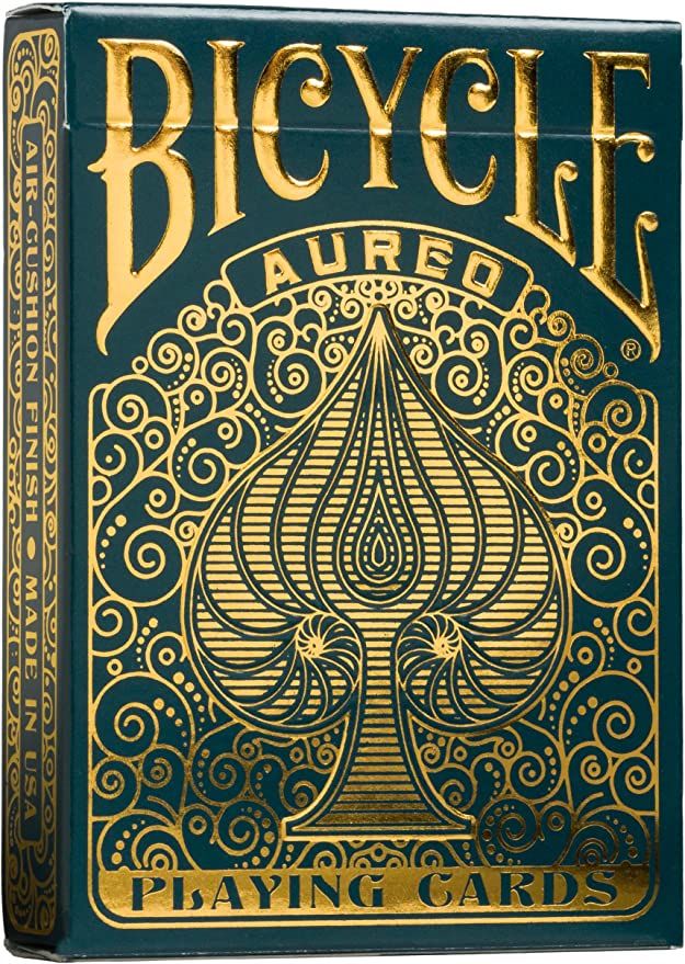 the bicycle playing cards are designed to look like an ornate card deck with gold lettering