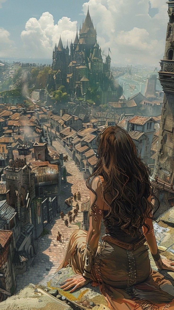 a woman sitting on top of a building next to a city