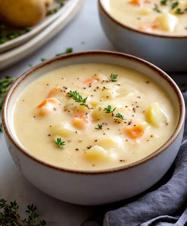 two bowls filled with potato soup on top of a white countertop next to potatoes and parsley