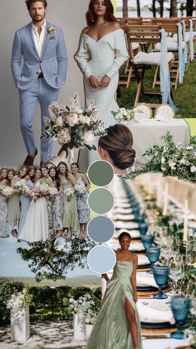 a collage of wedding photos and color palettes in shades of blue, green, white