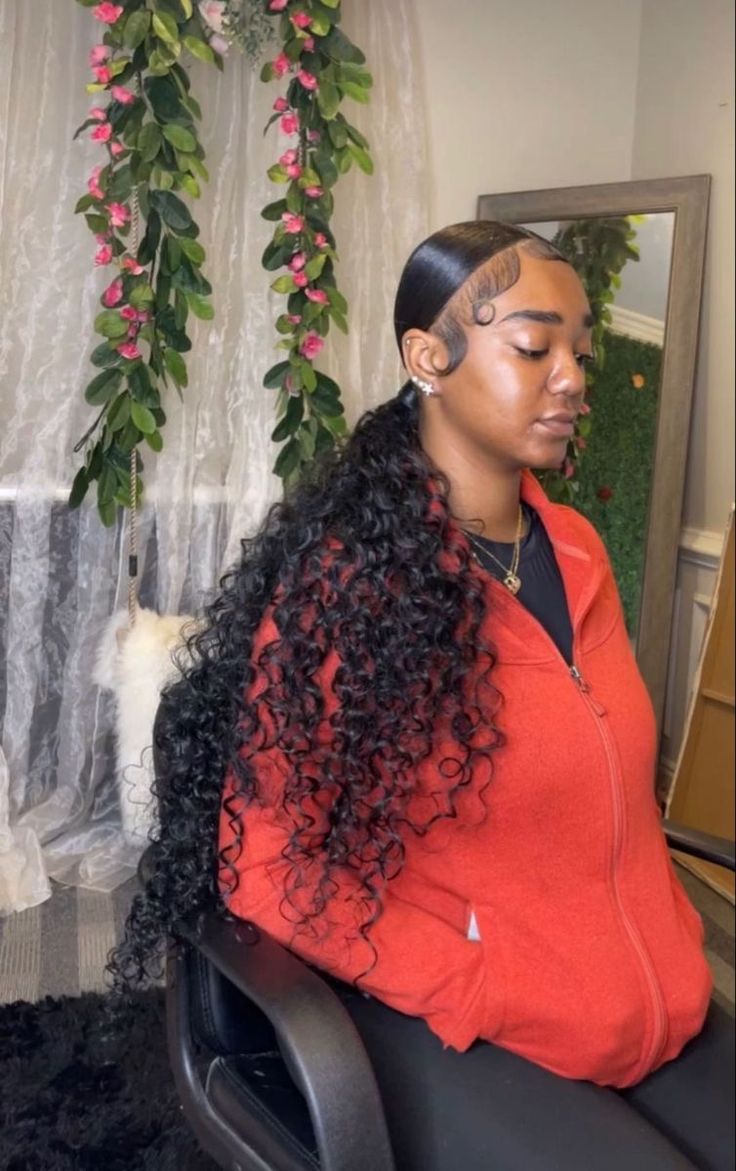 Two Fake Ponytail Hairstyles, High Top Ponytail Weave, Slick Back Quick Weave, Pom Pom Ponytail Black Women, Curly Ponytail Weave, Bday Hairstyles, Cute Ponytail Styles, Black Hair Protective Styles, Slick Back Ponytail